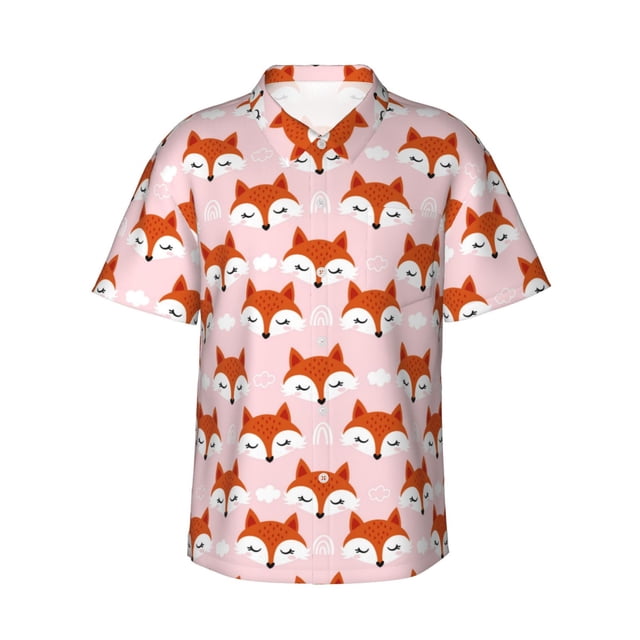Balery cute fox pink Camisas hawaianas de manga corta para hombre, camisas playeras de corte holgado, camisas de vacaciones con botones,XX-Large