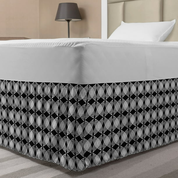 Black and White Bed Skirt, Intertwined Circles and Rhombuses Pattern