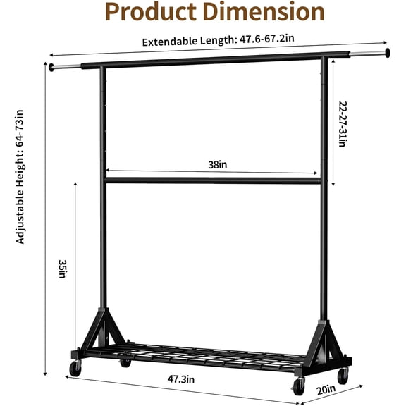 Heavy Duty Clothes Rack Load 600 LBS, Double Rod Clothing Rack, Rolling Garment Racks with Lockable Wheels, Shelves, Adjustable Laundry Hanging Racks for Clothes, Black