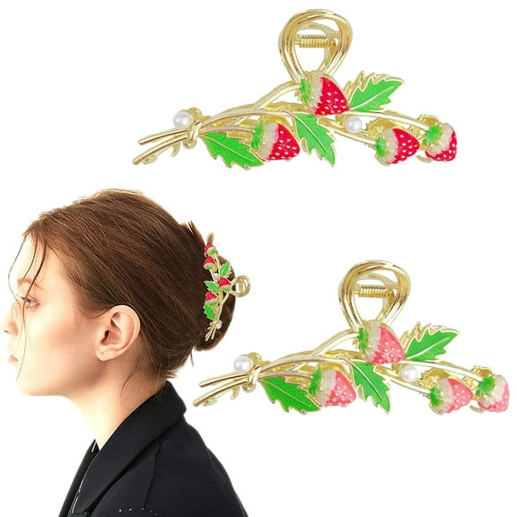 2 PACK Strawberry Metal Large Hair Claw Clips Cherry Hair Jaw Clips Hair Catch Barrette Jaw Clamp Nonslip Hair Claw Clips Hair Accessories for Women Lady