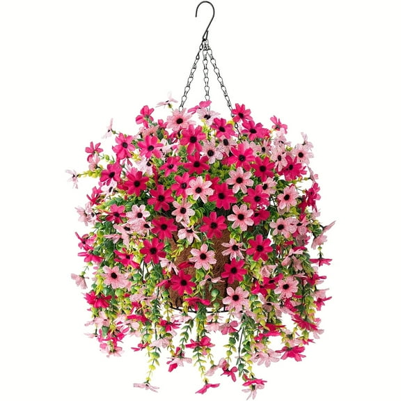 2pcs Vibrant Artificial Hanging Daisy Flowers - Pink & Peach UV-Resistant Plastic Faux Flower Baskets, Ideal for Home, Garden, Wedding Decor or Farmhouse Style, Outdoor Decorations