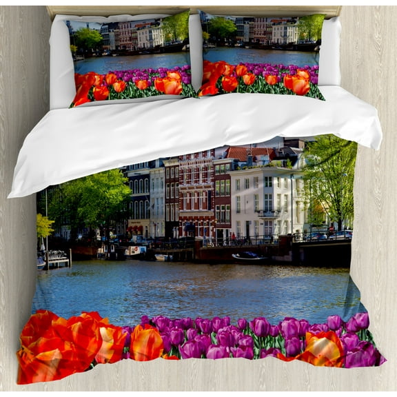 Landscape Duvet Cover Set Queen Size, European City Holland Amsterdam Scenery of Old Victorian Era Houses Art Print, Decorative 3 Piece Bedding Set with 2 Pillow Shams, Multicolor, by Ambesonne