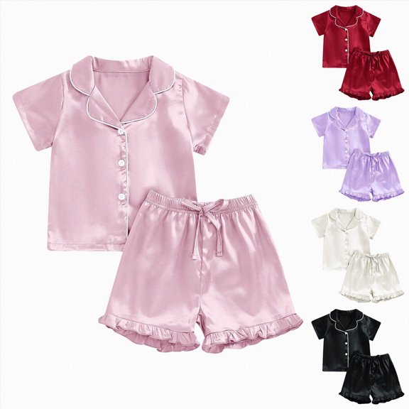 WUANDIXFA Toddler Kids Girl Silk Pajamas 1-13 Years Baby Ruffled Sleeve Button Down Satin Silk Pjs Sleepwear Loungwear Shorts Set,Beige,10-11 Years
