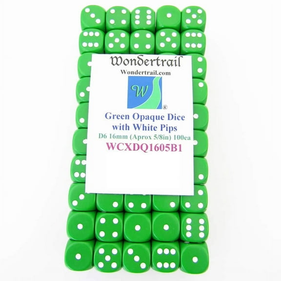 Green Opaque Dice with White Pips D6 16mm (5/8in) Pack Of 100 Wondertrail
