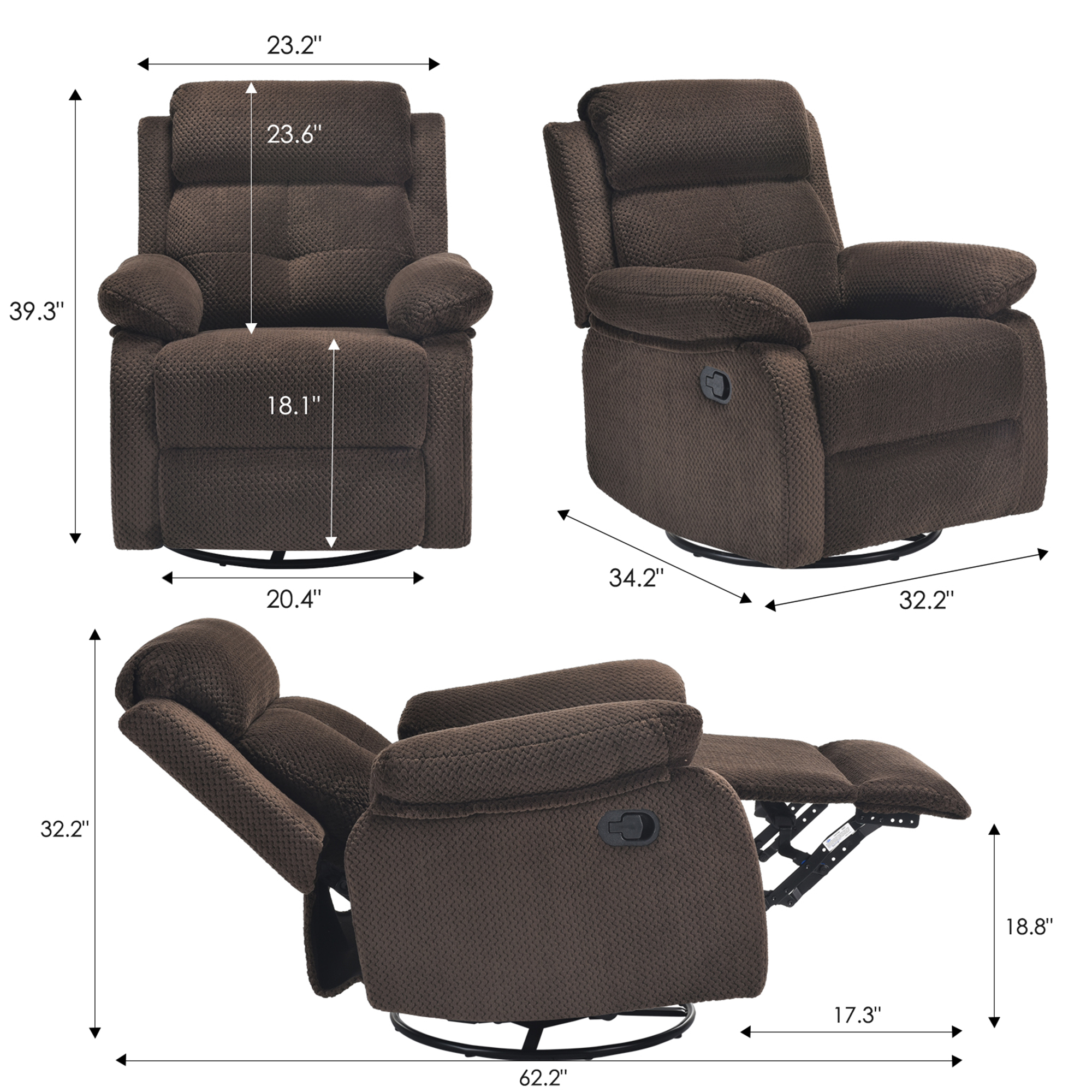 MAYEERTY Chocolate Small Swivel Rocker Recliner for Women, Space-Saving Design for Bedroom & Living Room