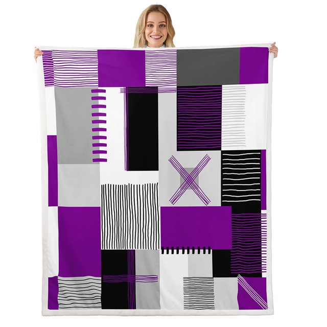 Erosebridal Geometric Stripe Sherpa Blanket 50x60,Rectangle Lines Fuzzy Blanket Throw,Patchwork Decor