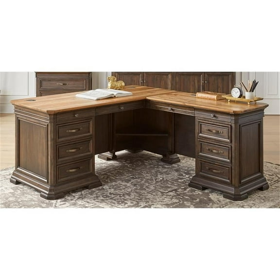 Bowery Hill Solid Wood Brown L-Desk Rectangular Power Center 68" x 72" Fully Assembled