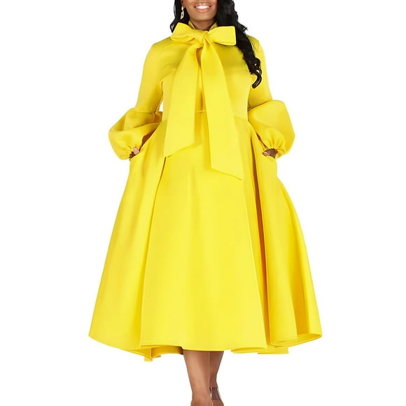 fartey Women Trendy A Line Dresses With Bow Tie Puff Long Sleeve Sundress Tunic FIt Solid Color Maxi Dress Elegant Fashion Flared Holiday Party Sundresses with Pockets