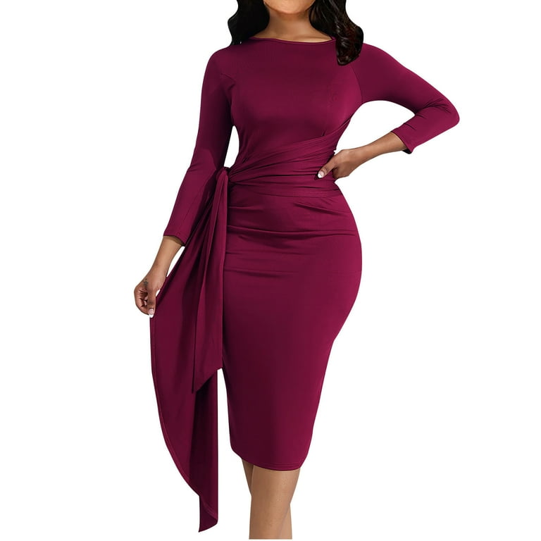 Blczomt Holiday Dresses for Women Red Long Sleeve Ruched Dressy Sheath Crew Neck Formal Solid Bodycon Dress, Women's, Size: 4,6,8,10,12,14,16,18,20