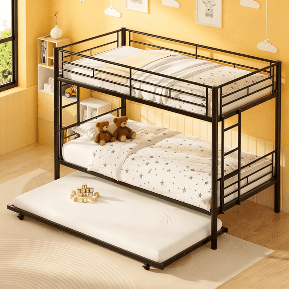 Twin Over Full with trundle Metal Bunk Bed , No Box Spring Needed, Easy Assemble