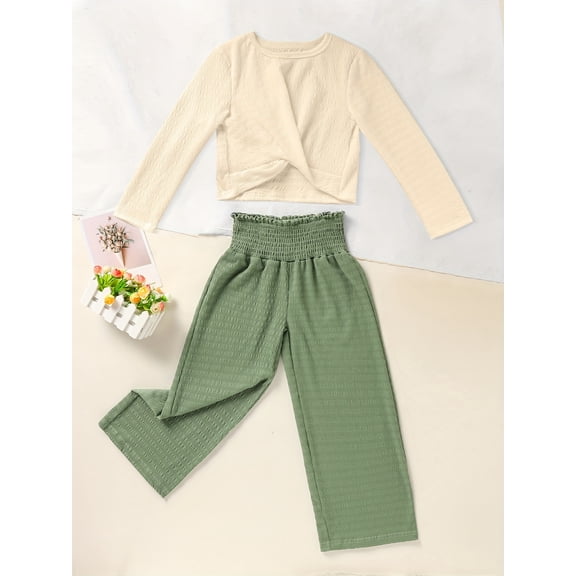 MORTTIC 2Pcs Toddler Girls Outfits Long Sleeve Wrapped Front Design Crop Top   Wide Leg Long Pants Sets