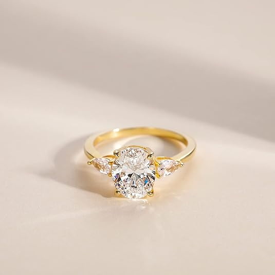Yomhary 3CT 925 Sterling Silver Engagement Rings for Women ,3-Stone Oval Cut Cubic Zirconia CZ Wedding Promise Rings ,Gold Plated