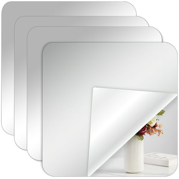 HERFIER 4 Pcs Mirrors Adhesive Mirror Wall Mirror Flexible Mirror Sheet Bathroom Mirror Stick On Mirror For Door Wall 11.79x11.79x0.08in