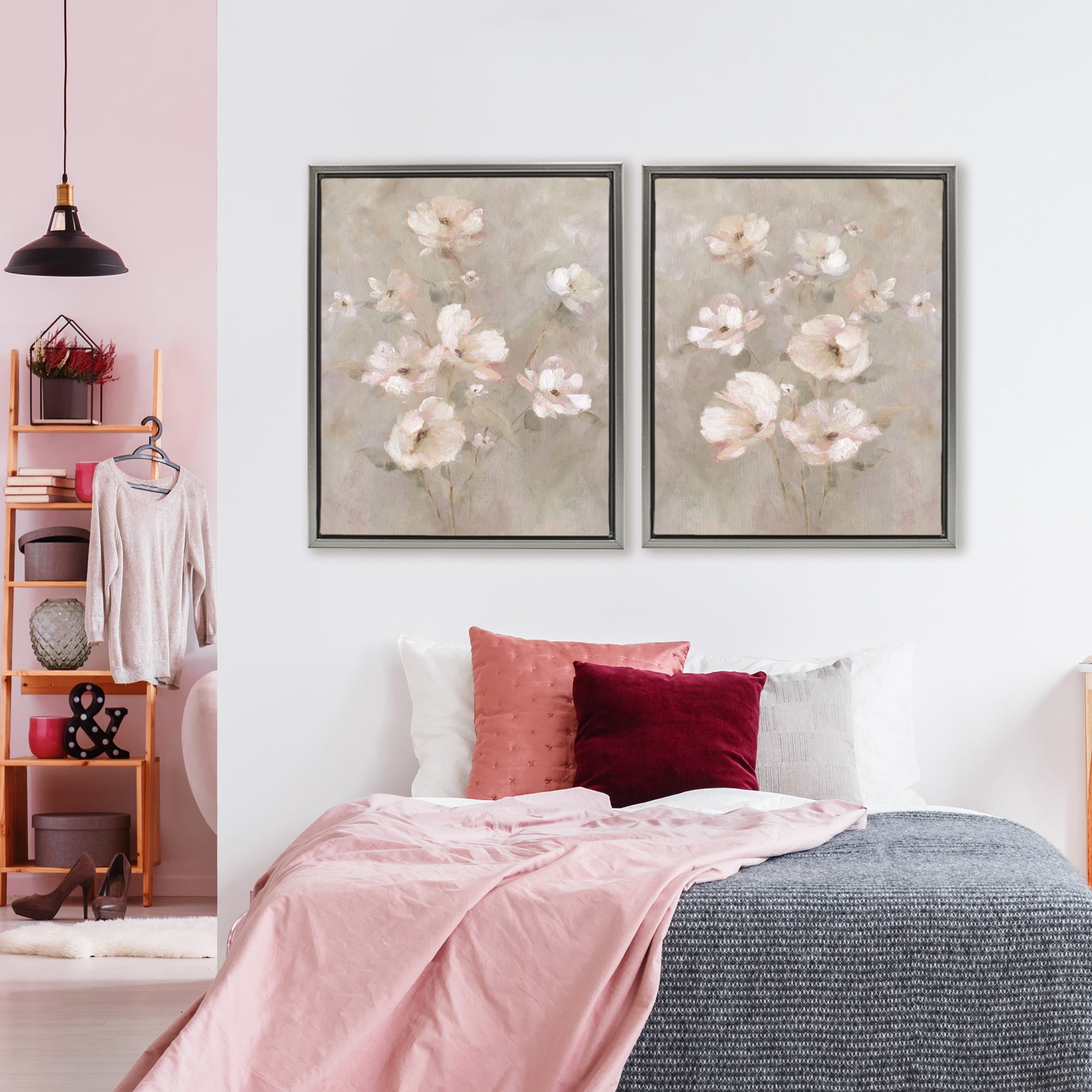 Stupell Industries Arranged Blush Blossoms 2 Piece Gray Framed Floater Canvas Set, design by Carol Robinson