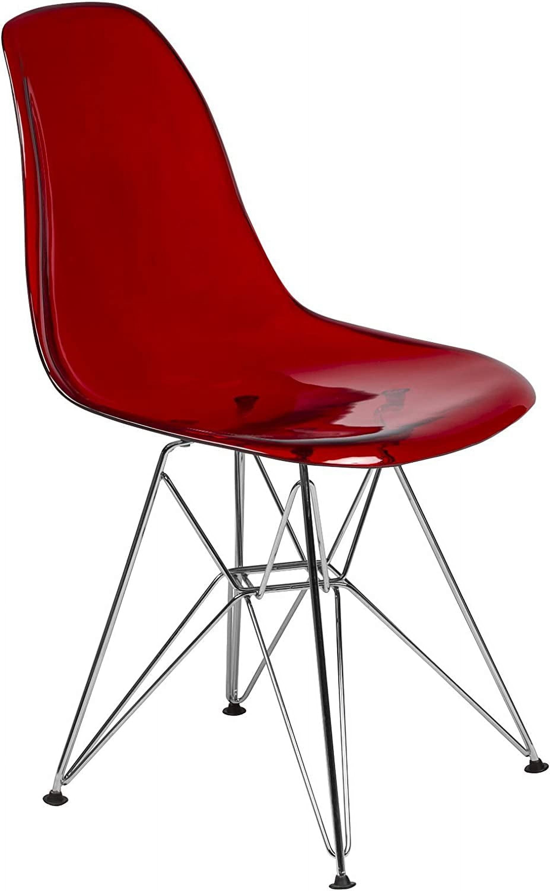Cresco Dining Chair in Acrylic with Chrome Eiffel Base and Curved Back Design Lightweight Easy Assembly for Modern Home, Kitchen, Cafes in Transparent Red