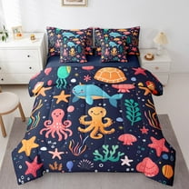 Erosebridal Colorful Octopus Bedding Sets Twin Size, Blue Whale Comforter Sets with Sheets, Marine Coral Reversible Bed Set, Microfiber Bedroom Decoration, 7pcs