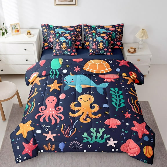 Erosebridal Colorful Octopus Bedding Sets Twin Size, Blue Whale Comforter Sets with Sheets, Marine Coral Reversible Bed Set, Microfiber Bedroom Decoration, 7pcs