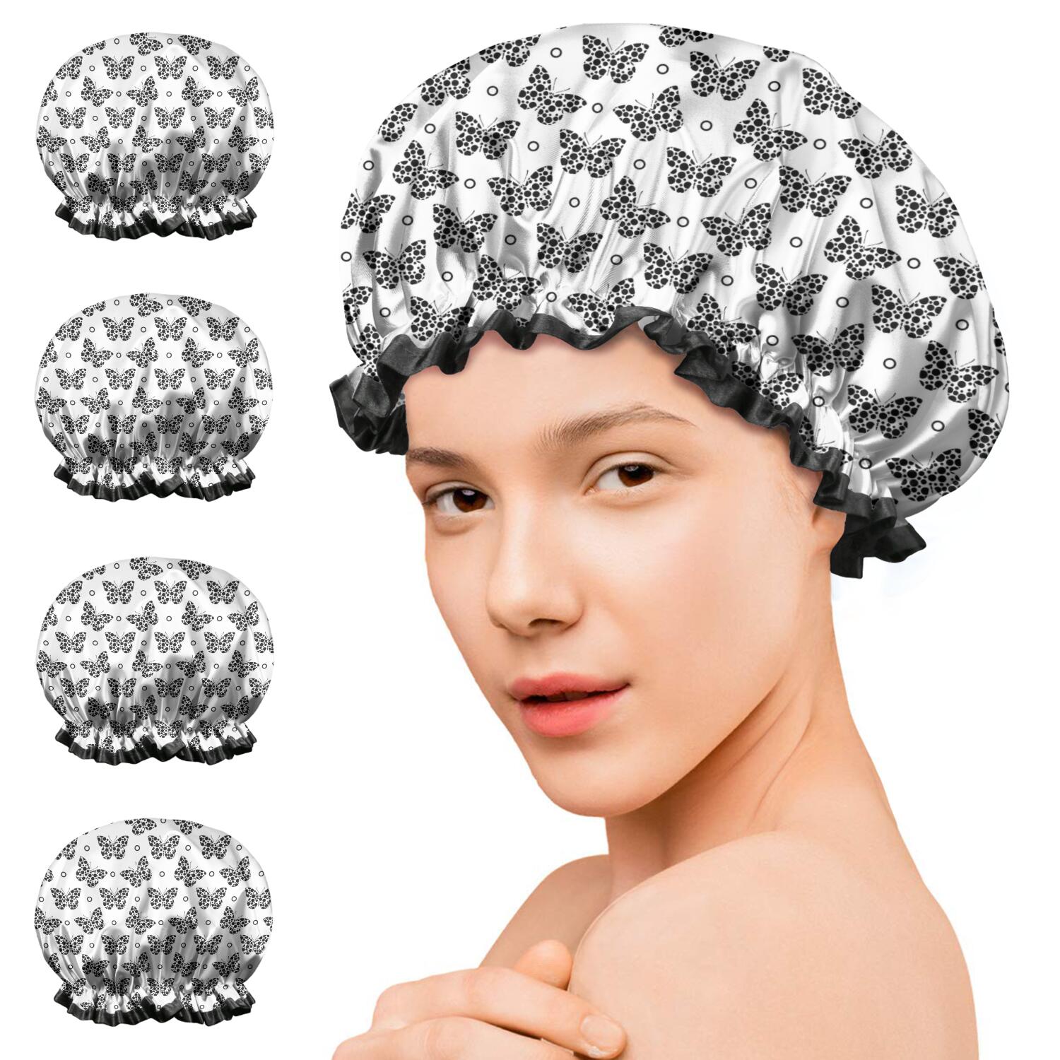 Shower Caps,White Butterfly Black Dot Pattern Waterproof Shower Cap for Women 4 Pieces,Double Reusable Hair Cover for Shower PEVA Elastic Stretch Hem