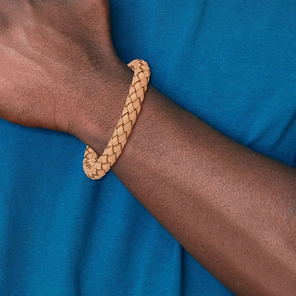 Diamond2Deal Stainless Steel Polished Light Tan Braided Leather Bracelet for Men 8.5"