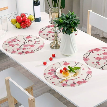 

Round Grid Placemat One Sizex1 Round Placemat PVC Plate Mat，15.4 Inch Non-Slip and Heat Resistant Table Placemat Dining Room Placemat Twig Flower