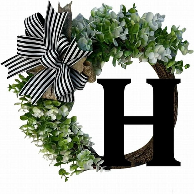 HAOAN Monogram Initial Letter Wreaths for Front Door with Striped Linen Bow & Grapevine Base Farmhouse Rustic Door Decor Spring Summer Green Wreath for Indoor Outdoor Home Xmas Decor