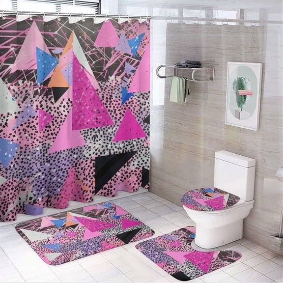 4Pcs Shower Curtain Set with Rugs Abstract Colorful Triangles Pink Black Rug Toilet Lid Cover And Non-Slip U Shape Mat Colorful Geometric Triangle Bathroom Accessories Set Decor with 12 Hooks