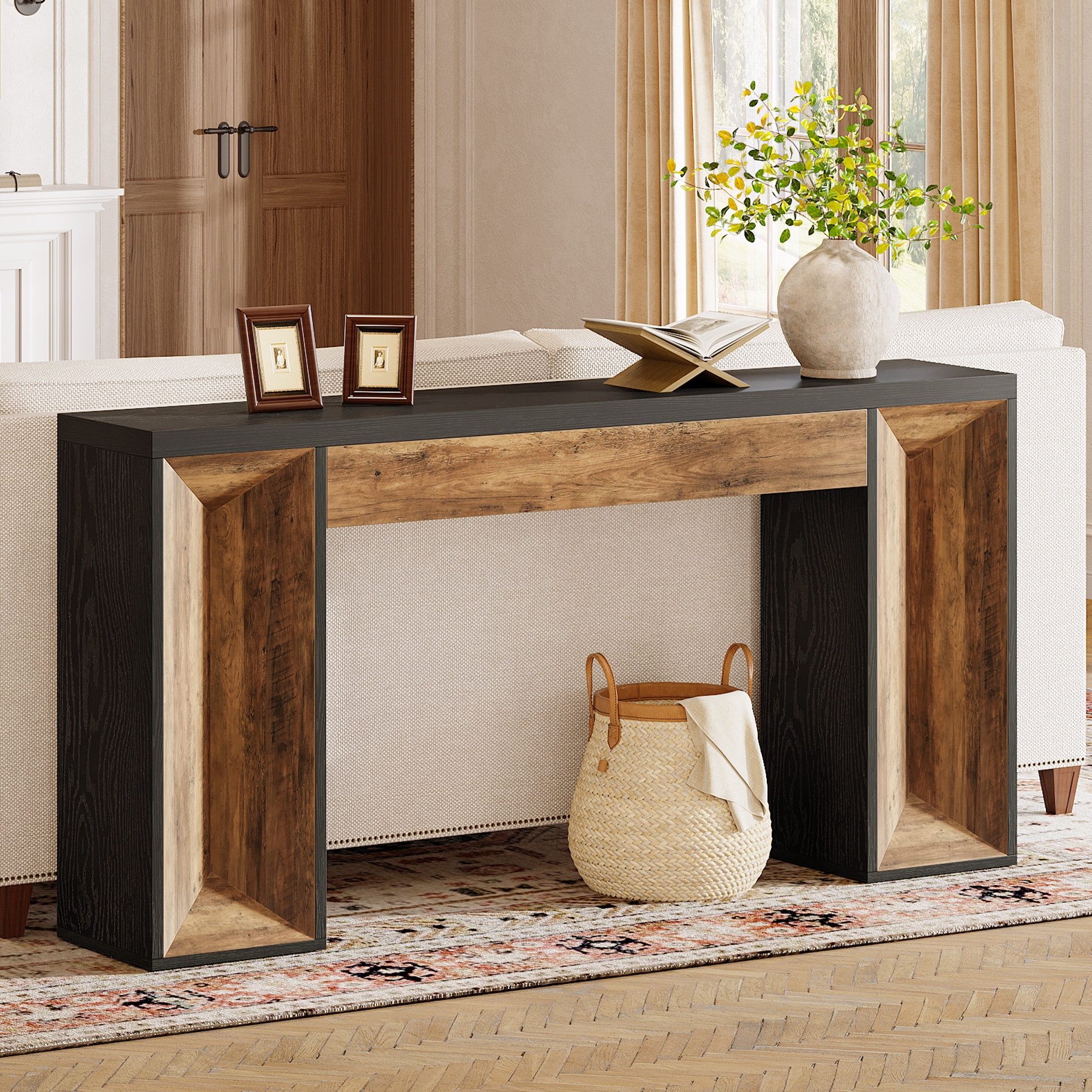 Finmind 63-inch Long Console Table for Entryway, Farmhouse Wood Foyer Table with Dual-Tone Design, Brown and Black