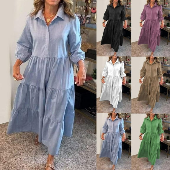 SMihono Women's Loose Fit Puff Sleeve Maxi Tiered Babydoll Dress Collared V-Neck Cotton Long Button Down Cotton Linen Dresses Blue L