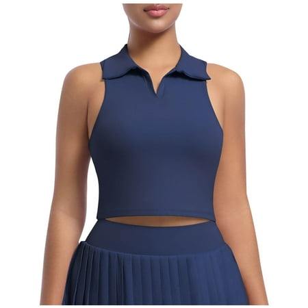 Women Workout Crop Tank Top Built in Bra Ribbed Sports Tank Tops Casual Sleeveless Collared Padded Tennis Yoga Vest