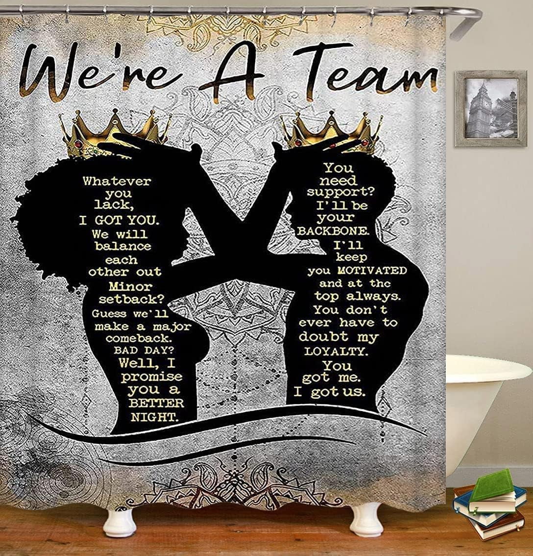 4PCS Black African King Queen Shower Curtain Sets with Rugs,Black Couple Bathroom Sets with Shower Curtain,Bath Mat and Toilet Lid Cover,We are a Team Shower Curtains for Bathroom Decor