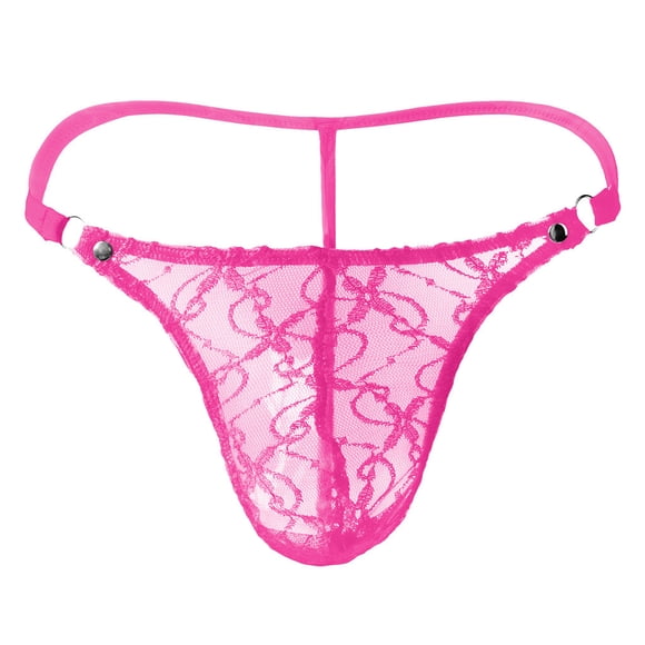 WZXFASHION Men's Lace Mesh Pouch G-string Thong T-back Lingerie Brief Panty Intimates Hot Pink One Size