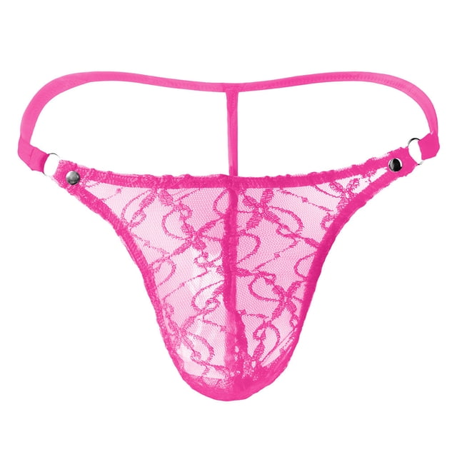 WZXFASHION Men's Lace Mesh Pouch G-string Thong T-back Lingerie Brief Panty Intimates Hot Pink XL