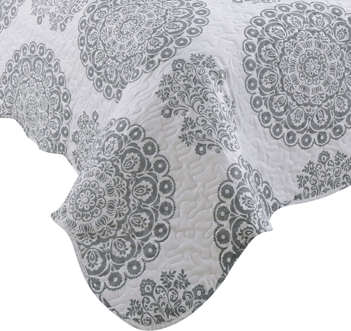 Marina Decoration Rich Printed Stitching Coverlet Bedspread Ultra Soft Bedding Summer Quilt Set with Quilted Sham, Grey Floral Mandala Pattern