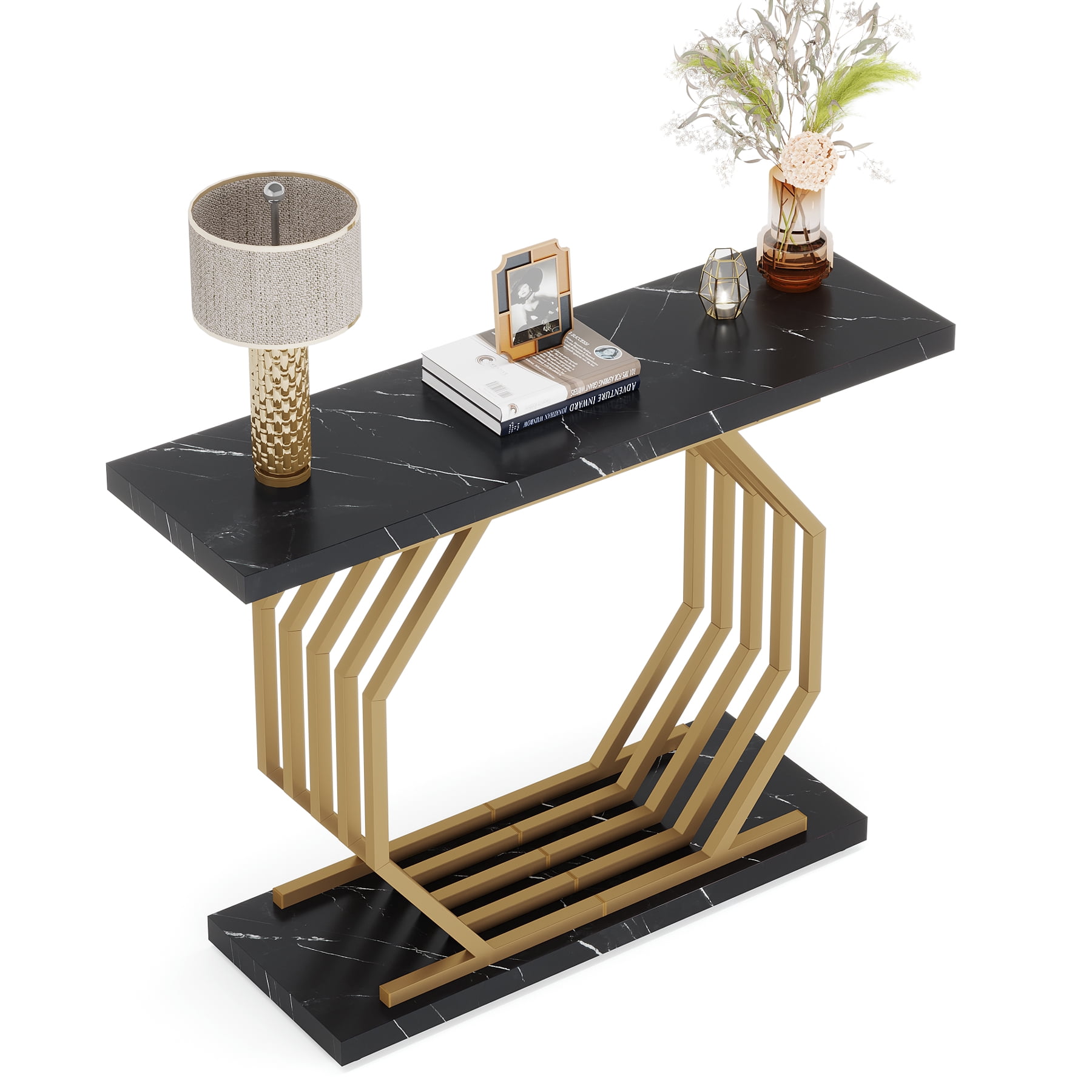Fnova 40" Console Table, Faux Marble Entryway Table, Narrow Sofa Table with Geometric Metal Frame, Modern Accent Table for Living Room, Hallway, Foyer