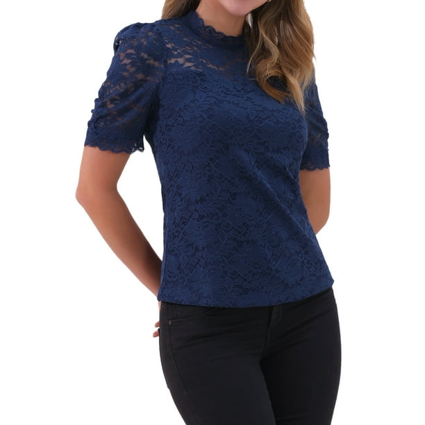 INSPIRAR CHIC Top de Encaje Floral para Mujeres con Cuello Mock, Manga Corta Abullonada, Blusa Elegante de Encaje Talla M Azul Oscuro