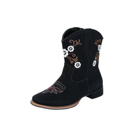 

Crocowalk Womens Casual Square Toe Western Boots Outdoor Low Heel Cowgirl Boot Retro Embroidered Black 7