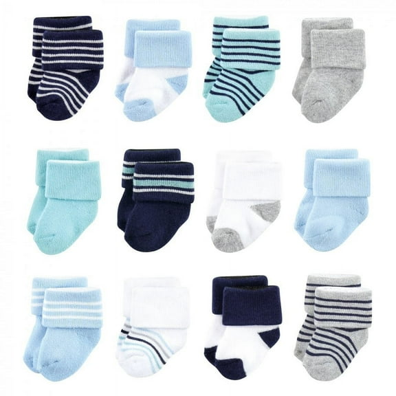 Luvable Friends Baby Boy Newborn and Baby Terry Socks, Mint Navy Stripes 12-Pack, 0-6 Months