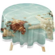 SKYSONIC Blue Sea Water Starfish Round Tablecloth 60inch Indoor Wrinkle Free, Circular Lace Table Cover Washable for Kitchen Party BBQ Dining Decor