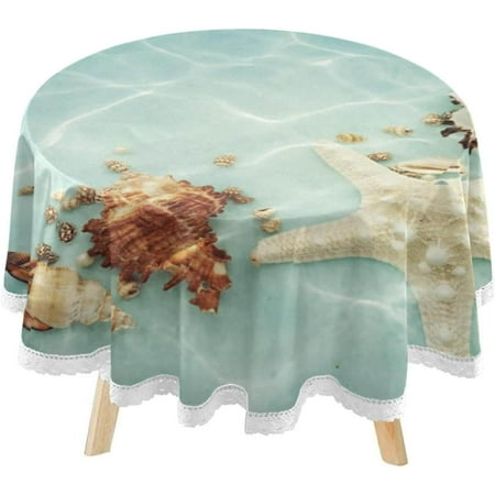 SKYSONIC Blue Sea Water Starfish Round Tablecloth 60inch Indoor Wrinkle Free, Circular Lace Table Cover Washable for Kitchen Party BBQ Dining Decor