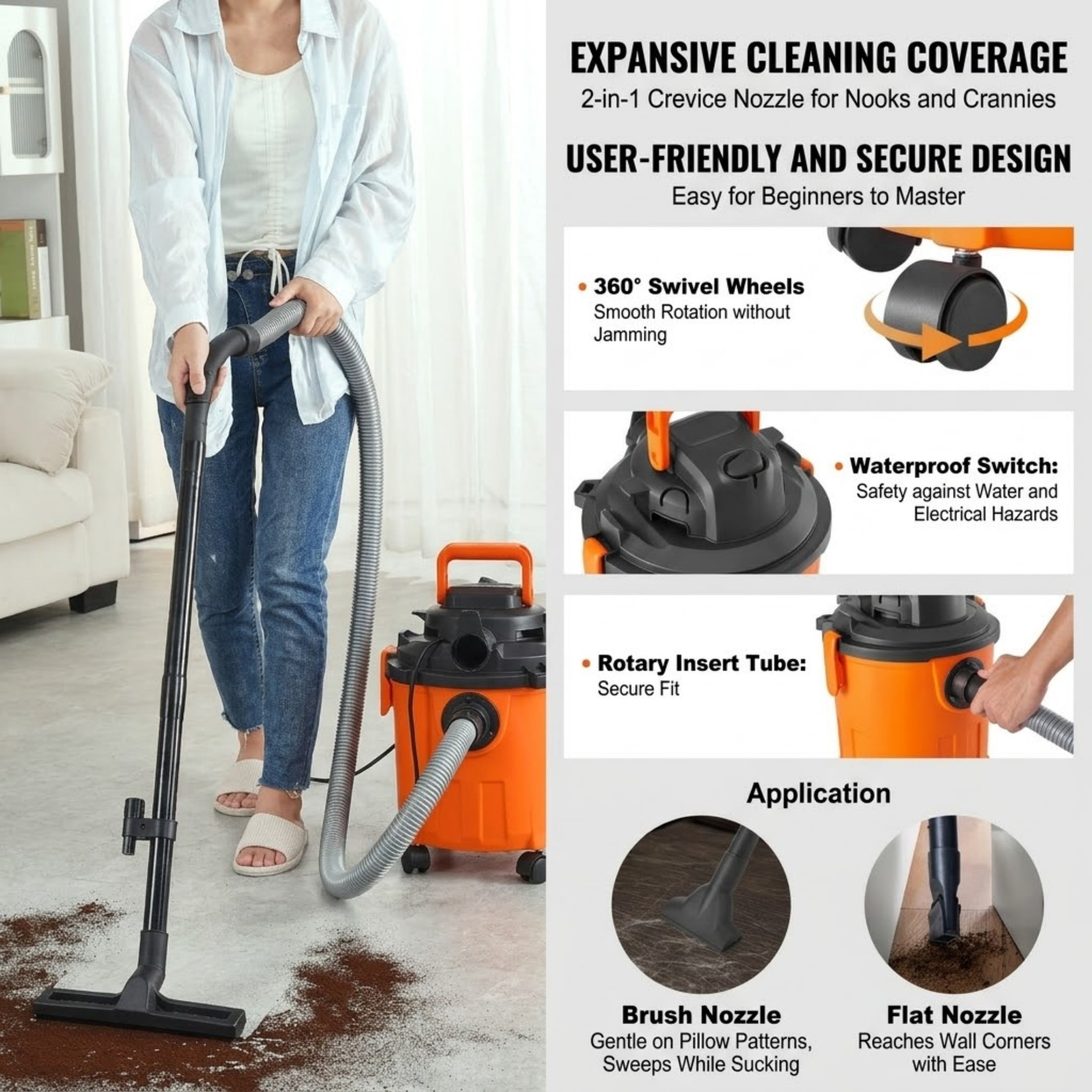 5 Gallon 6 Peak HP Shop Vacuum Wet and Dry, Portable Wet/Dry Vac with Blower Function & 2-in-1 Crevice Nozzle