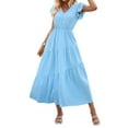 thumbnail image 2 of Women'S Summer Casual Flutter Short Sleeve Crew Neck Smocked Elastic Waist Tiered Midi Dress Light Blue S, 2 of 10