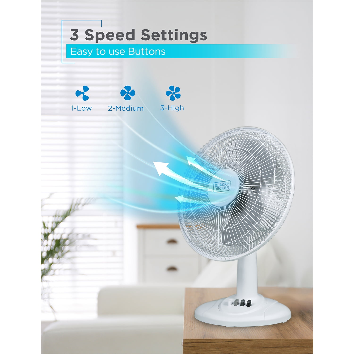 BLACK+DECKER BFDT12SW 12-In. 3-Speed Oscillating Portable Table Fan, White