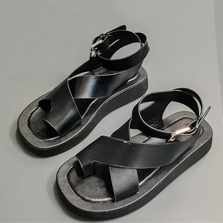 

Aayomet Beach Sandals for Women Comfortable Thick Casual Summer Sole Toe Strap Shoes Spring Roman Women s Sandals Women s Black 7.5