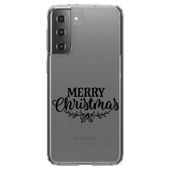 DistinctInk Clear Shockproof Hybrid Case for Galaxy S21 5G (6.2" Screen) - TPU Bumper Acrylic Back Tempered Glass Screen Protector - Merry Christmas Mistletoe - Black