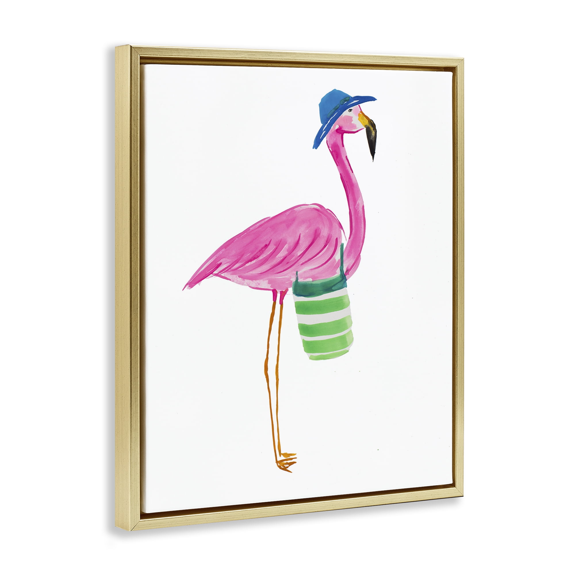 Stupell Industries Flamingo with Beach Bag Animals & Insects Painting Gold Floater Framed Canvas Art Print Wall Art, 17 x 21