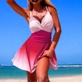 thumbnail image 4 of larppty Women One Piece Swimdress V Neck Color Block Swimsuit Bathing Suit Tummy Control Wrap Ruffle Swim Dress Swimwear (Hot Pink, L), 4 of 7