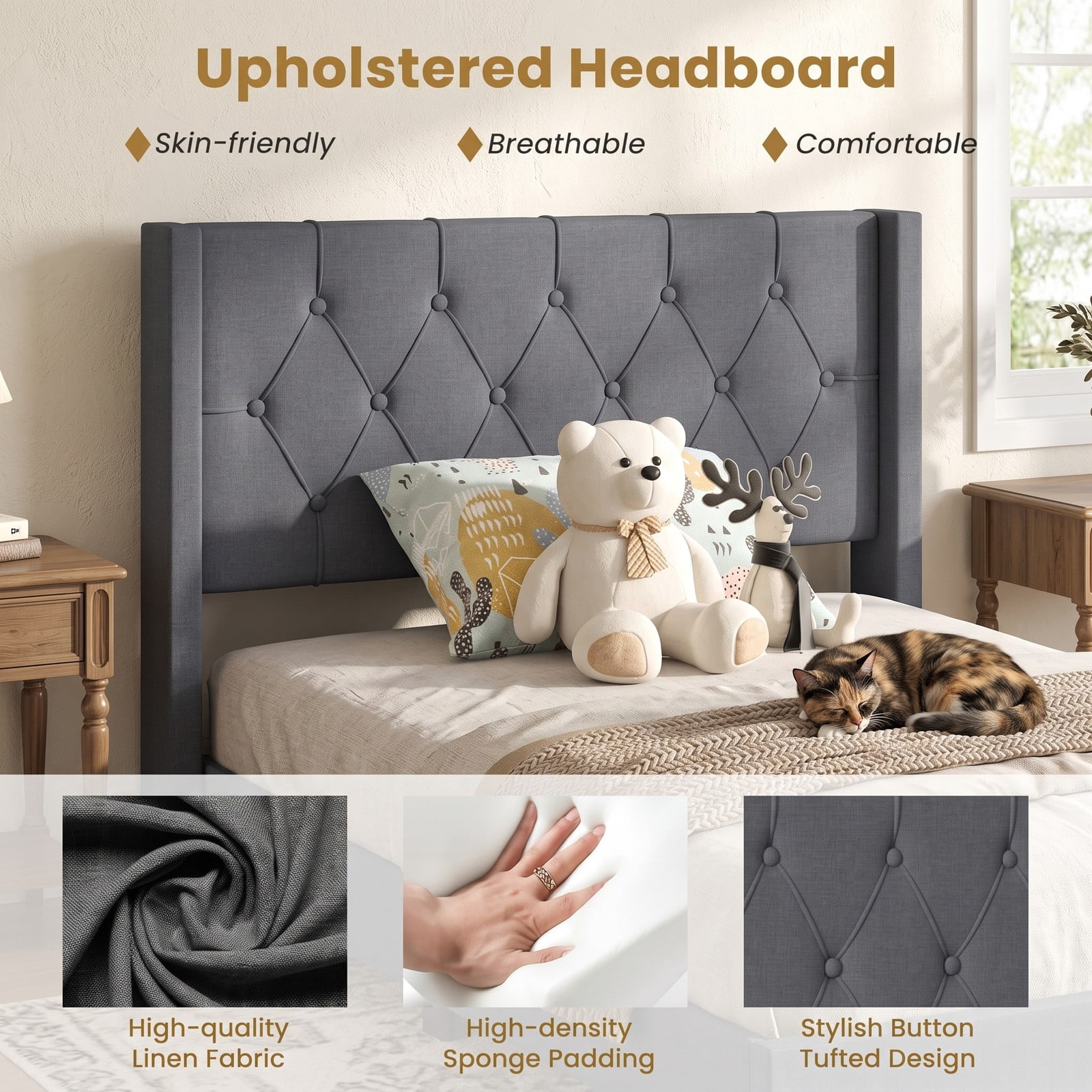 Furnibear Twin Bed Frame Upholstered Platform Bed with Button Tufted Wingback Headboard and Wood Legs, Gray