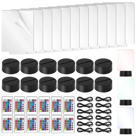 12 Sets LED Lamp Base with Acrylic Sheet, 16 Colors 4 Modes Remote Control, 3D Night Light Display Base for Home Cafe Restaurant DIY Decor
