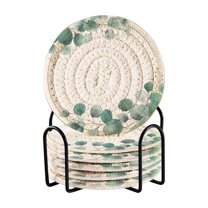 6 Pcs Drink Coasters with Holder 3.94in Woven Coasters for Drinks Eucalyptus Wreath Coaster Set for Protection Table