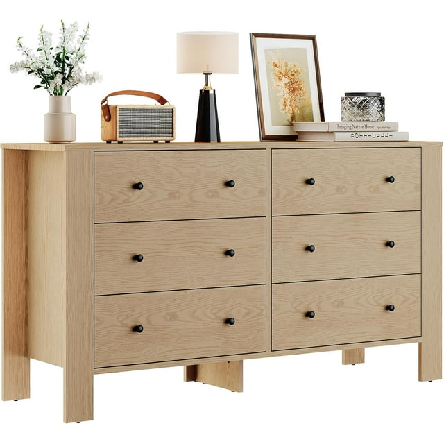 Bingirl Dresser for Bedroom, Tall 6 Drawer Dresser with Deep Drawers & Metal Knobs, Modern Wooden Double Chests of Drawers